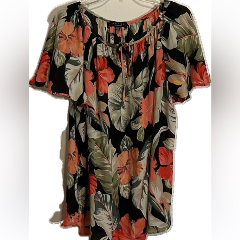 Grace The Perfect Fit Floral Bell Sleeve Tropical Top Blouse Women's Size XL